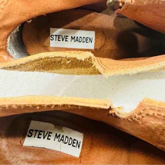 Steve Madden Resolv Suede Leather Booties Ankle Boots Camel Tan Stacked Heel 9 - Picture 3 of 15